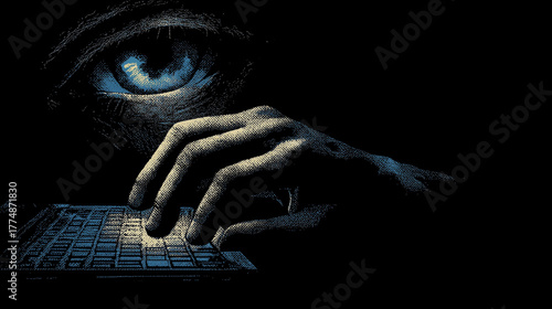 digital surveillance online observation. orwell 1984 style. hand is typing on keyboard in dark room. big brother all seeing eye is watching
