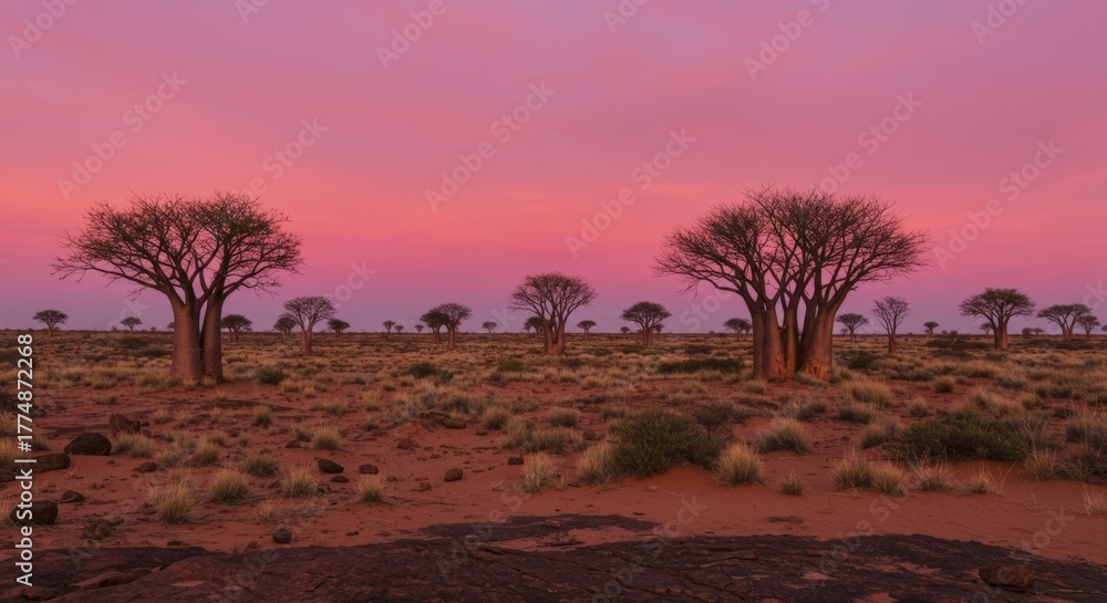 Fototapeta premium Desert landscape with boab trees under pink twilight sky