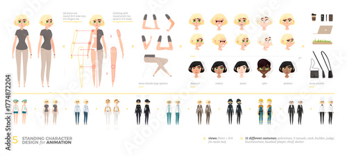 Diverse female character creator set for animation with full-body poses, outfits, and professions. Includes editable heads of various ethnicities in front and 3 quarter view for design projects.