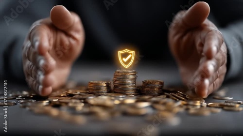 Hands shielding coins with a glowing shield and checkmark icon