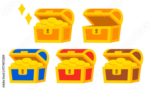 金貨の入った宝箱と空箱が並ぶワクワク感あふれるカラフルなフラットイラストセット