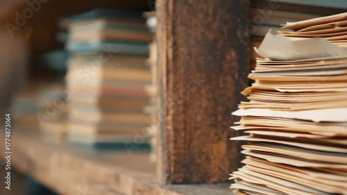 Stacks of old documents and folders on wooden shelf