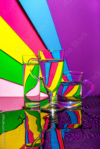 Abstract still life with a glass of water on a color bright background
