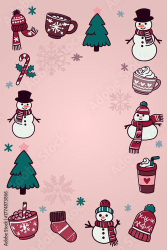 A vibrant vector illustration featuring a collection of colorful winter and Christmas elements arranged around the perimeter on a light pink background, creating a decorative frame. Includes snowmen.