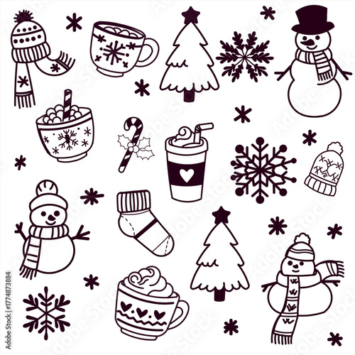 A set of black and white outline icons doodles on the theme of winter and New Year s holidays. Includes snowmen in hats, Christmas trees, snowflakes, candy canes, knitted elements.