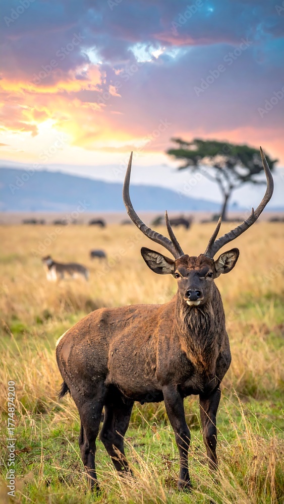 Fototapeta premium Antlered antelope stands in savanna with distant animals, under a sunset-tinged sky