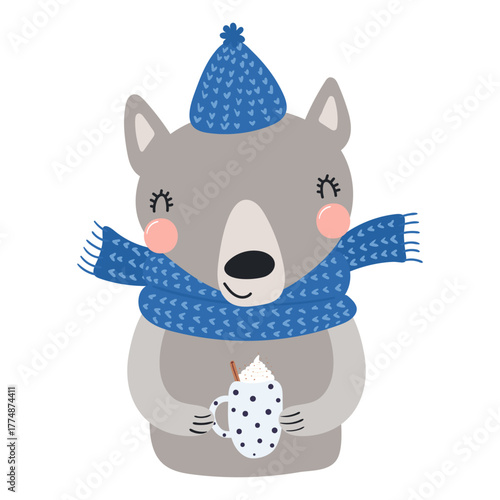 Wolf in a knitted hat, scarf, with mug isolated on transparent. Hand drawn flat vector illustration. Cute cartoon character. Traditional Christmas, New Year design element, clip art