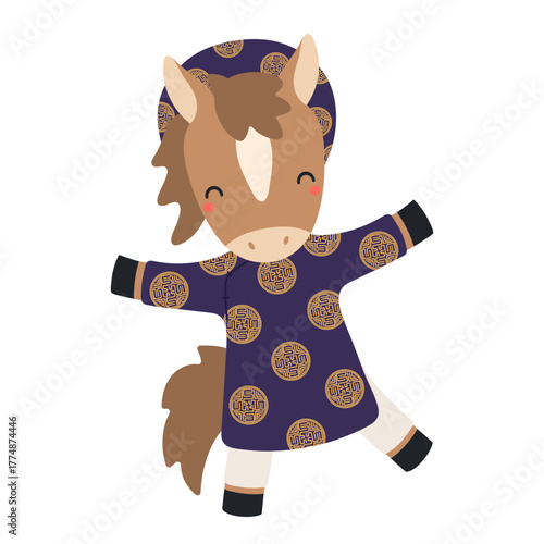 Cute horse boy in traditional Vietnamese clothes ao dai isolated on transparent. Hand drawn flat vector illustration. 2026 New Year zodiac sign, symbol, design element. Cartoon character clip art