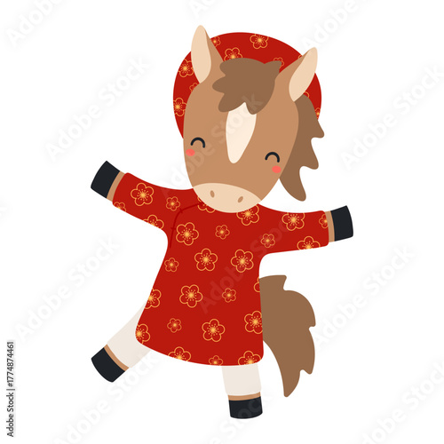 Cute horse girl in traditional Vietnamese clothes ao dai isolated on transparent. Hand drawn flat vector illustration. 2026 New Year zodiac sign, symbol, design element. Cartoon character clip art
