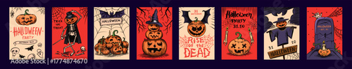 Halloween invitation cards for celebration. Poster or banner for holiday, spooky scary templates with pumpkin, skeletons graves and ghosts. Hand drawn
