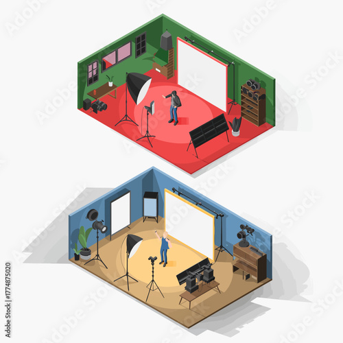 Two isometric views depict professional photo studios set up for creative production.