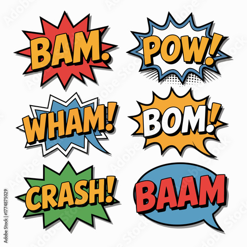 Comic book sound effects like BAM, POW, WHAM, BOM, CRASH, and BAAM burst from speech bubbles.