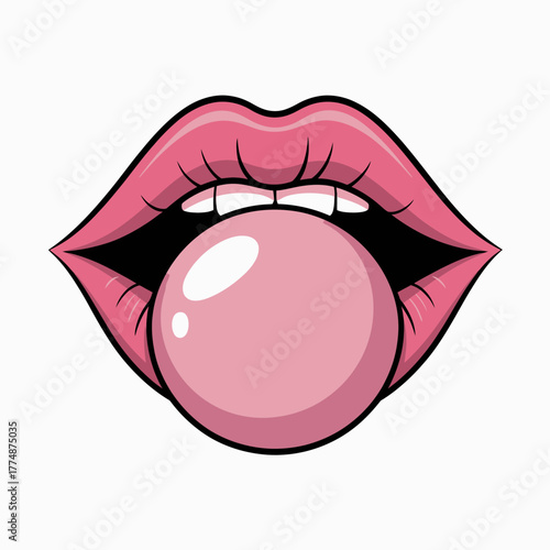 Pink lips blow a large bubblegum ball, with teeth visible behind.