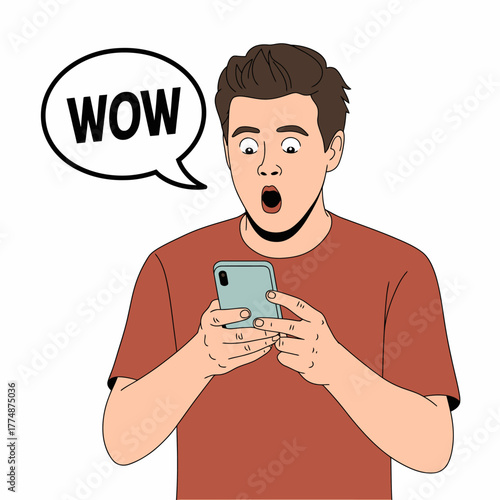 A man is surprised and amazed by something he sees on his smartphone screen.