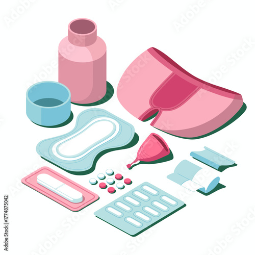 A collection of feminine hygiene products including pads, tampons, and menstrual cups.