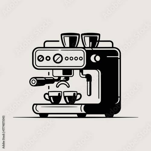 A modern espresso machine brews coffee into two small cups.