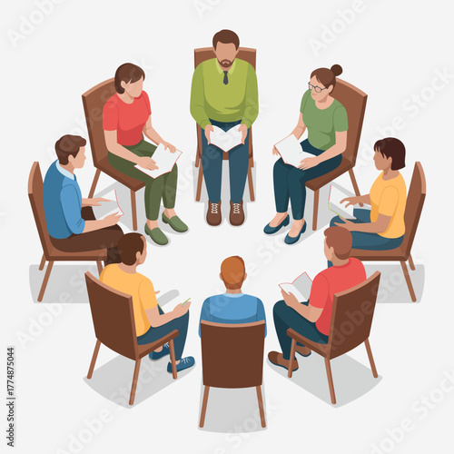 A diverse group of people sit in a circle participating in a therapy or support group session.
