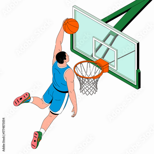 A basketball player is seen mid-air, about to dunk the ball into the hoop.