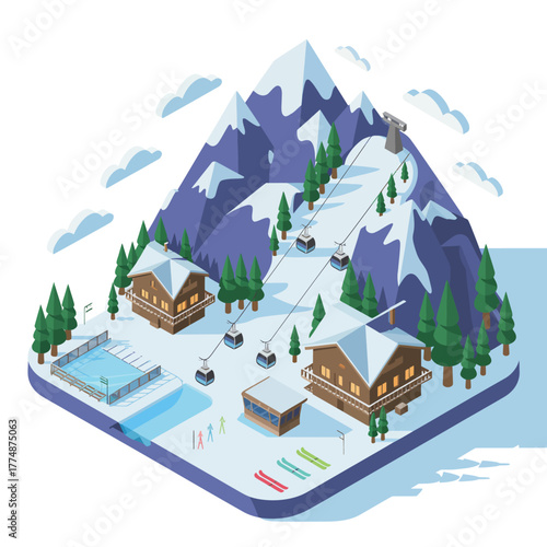 A winter ski resort scene with chalets, a swimming pool, and ski lifts on a snowy mountain.