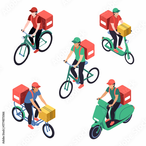 Delivery personnel are depicted riding bicycles and scooters with their packages.
