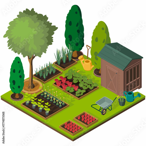 A vibrant isometric garden plot with a shed, wheelbarrow, and various plants.
