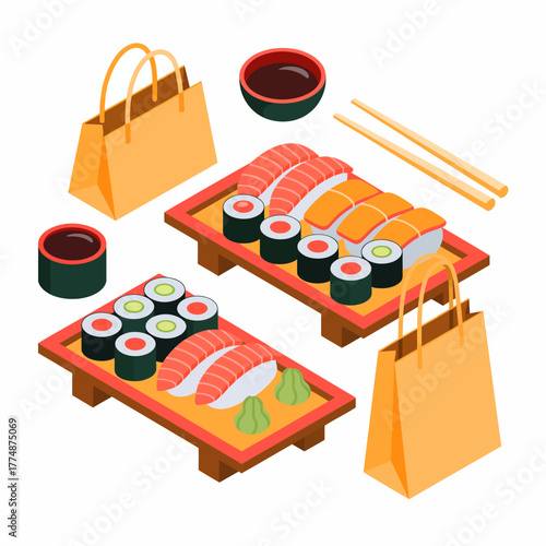 Sushi and takeout bags are displayed in an isometric view, suggesting a meal.