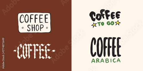 Coffee badge or emblem for your shop or package. To go and arabica coffee. Simple designs ready to use in your business. Gothic and traditional scripts with phrases. Engraved, brush drawn elements