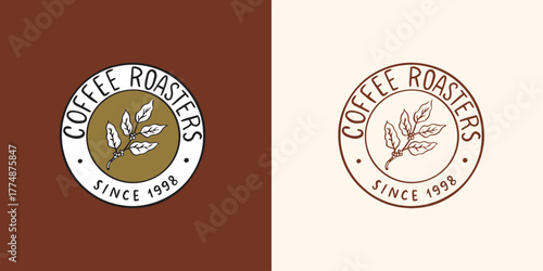Coffee badge or emblem for your shop or package. To go and arabica coffee. Simple designs ready to use in your business. Gothic and traditional scripts with phrases. Engraved, brush drawn elements
