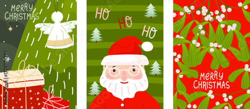 Merry Christmas and Happy New Year card. Set of cute Christmas cards with Santa, mistletoe, gift, and angel. For holiday greeting, poster, banner, and background. Vector illustration