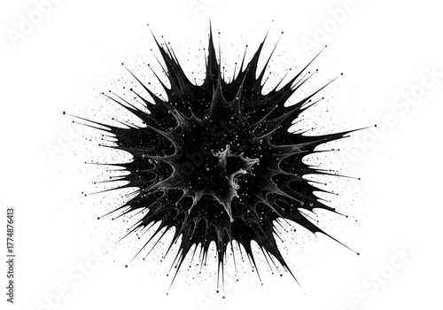 Black ink splash with sharp edges isolated on transparent background, abstract design