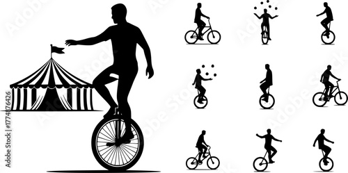 circus player , riding bike , juggling silhouette vector illustration 