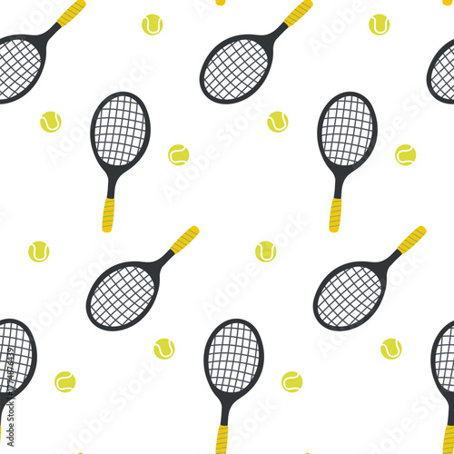 Black tennis racket and ball seamless pattern. Design for sports product, textile, fabric, kids clothing, bag, wrapping paper, wallpaper. Vector illustration