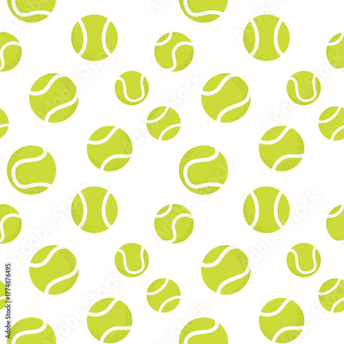 Tennis balls different sizes. Seamless pattern on white background. Simple flat illustration for sports design, textile, wallpaper, wrapping paper, or active lifestyle themes. Vector illustration