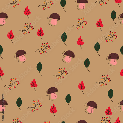 Autumn pattern of mushrooms, leaves, and berries