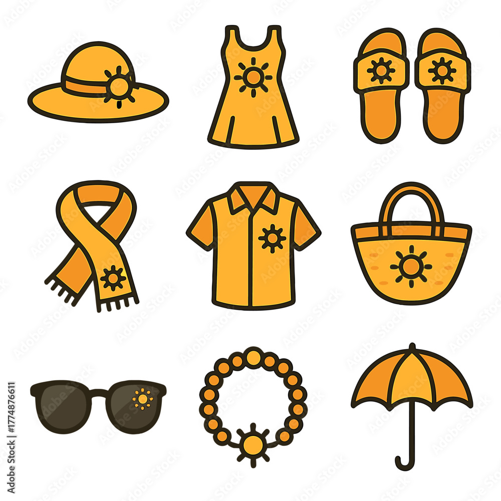 Fototapeta premium Fashion Sun Icon Set. Flat icon set of sun in fashion: sun hat, sun dress, sun sandals, sun scarf, sun shirt,