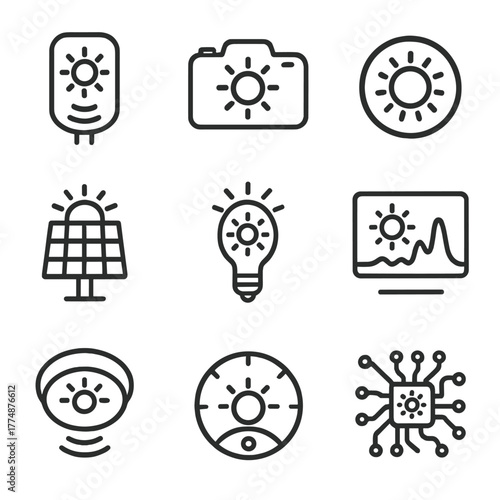 Sun Technology Icons. Flat icon set of sun and technology: sun sensor, sun camera, sun lens, sun module, sun