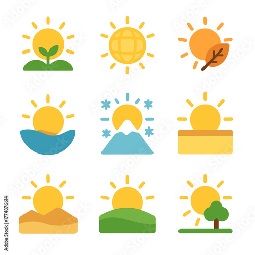 Seasonal Sun Icons. Flat icon set of sun in seasons: spring sun, summer sun, autumn sun, winter sun, tropical