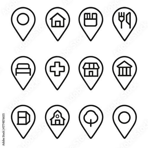 Map Marker Icons. Outline icon set of map markers: map pin, home pin, work pin, restaurant pin, hotel pin,