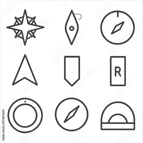 Compass Icons Grid. Outline icon set of compass instruments: compass rose, magnetic needle, graduation circle,