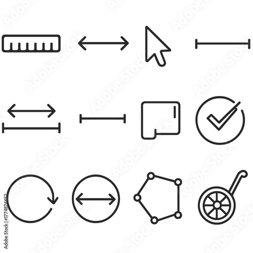 Distance Measurement Icons. Outline icon set of distance measurement: ruler, measure line, cursor snaps,