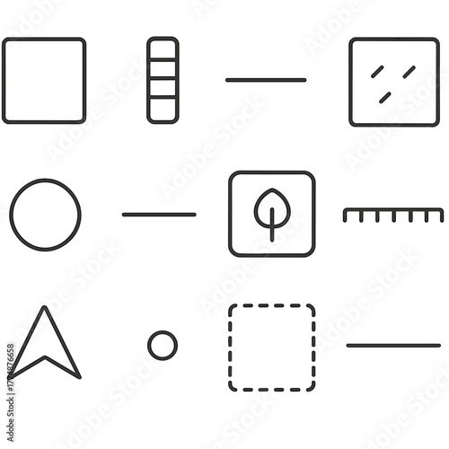 Map Legend Icons. Outline icon set of map legends: legend box, color swatch, line symbol, area fill, point