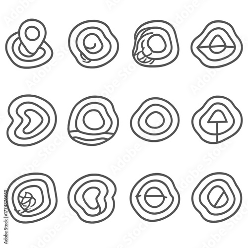 Topographic Icon Set. Outline icon set of topographic lines: elevation marker, contour interval, hachure