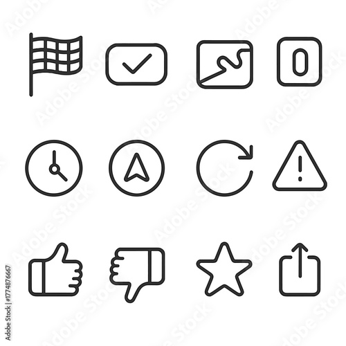 Route Icon Grid. Outline icon set of route confirmation: checkered flag, confirm button, route summary,