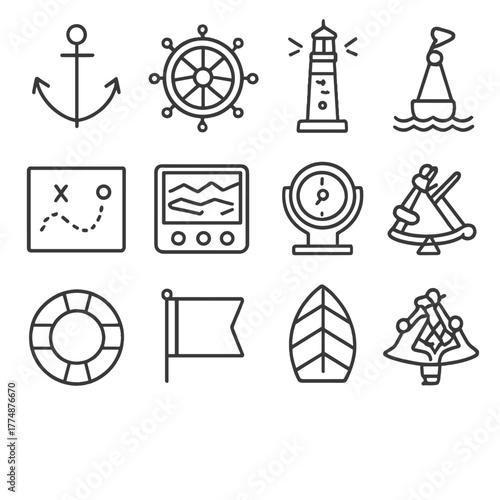 Nautical Icon Grid. Outline icon set of nautical navigation: anchor, ship wheel, lighthouse, buoy, nautical