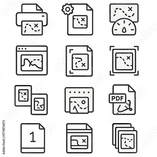 Map Printing Icons. Outline icon set of map printing: print icon, page setup, scale selection, layout preview,