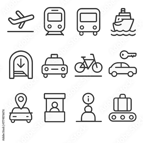 Transportation Hub Icons. Outline icon set of transportation hubs: airport icon, train station, bus terminal,