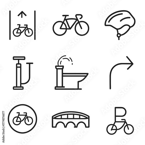Cycling Path Icon Set. Outline icon set of cycling paths: bike lane, bicycle icon, helmet, repair stand, pump