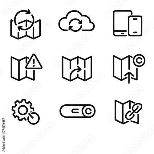 Map Sync Icons. Outline icon set of map synchronization: sync arrows, cloud sync, device link, sync status,