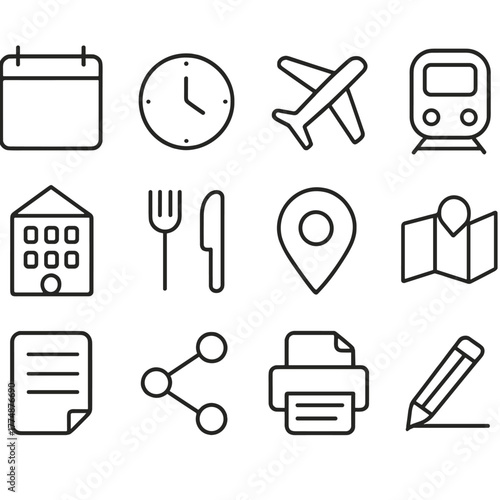 Travel Itinerary Icons. Outline icon set of travel itinerary: calendar icon, clock icon, flight segment, train