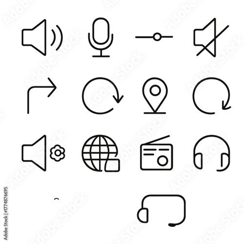 Navigation Icon Set. Outline icon set of navigation voice prompts: speaker wave, microphone icon, volume